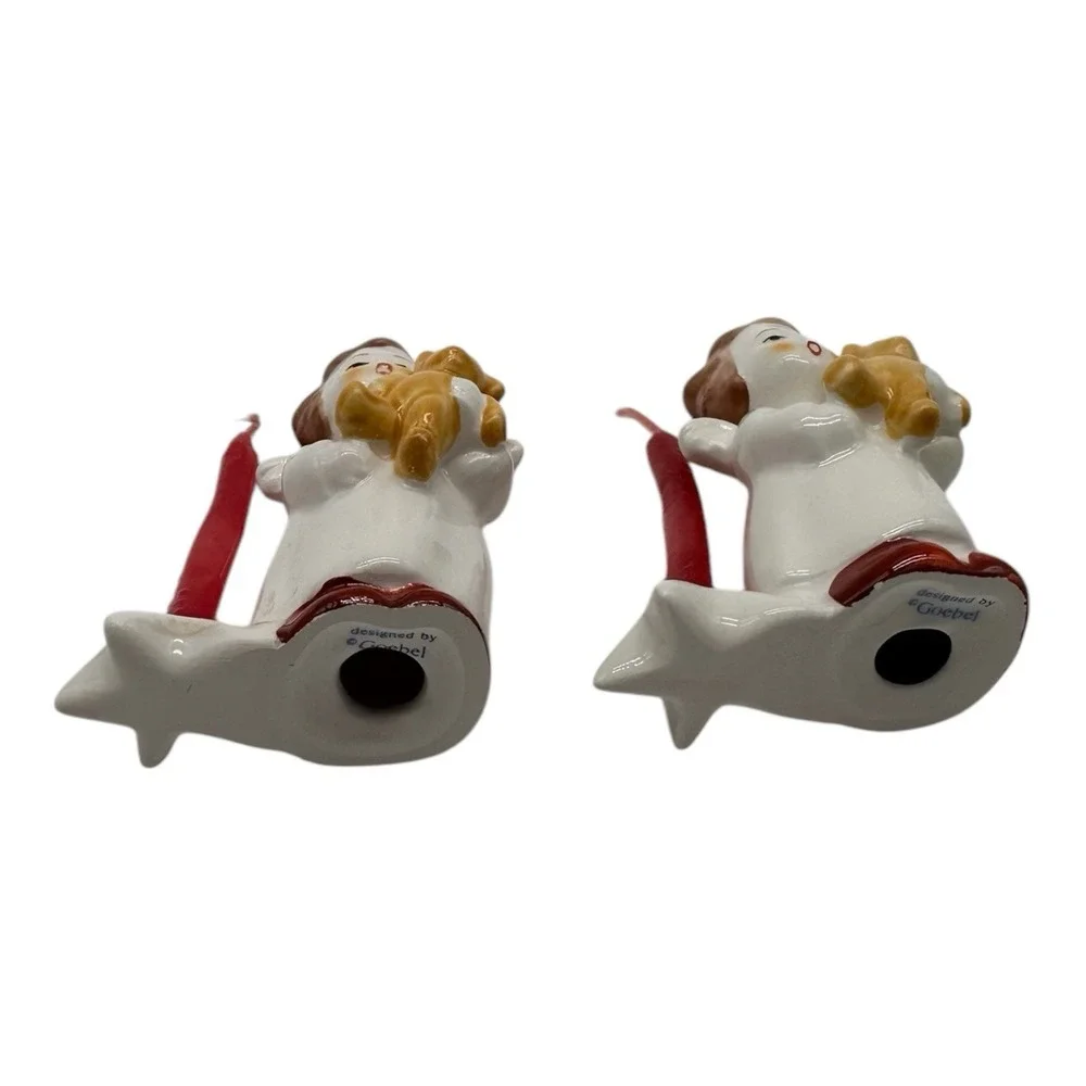 2 Vintage Goebel‎ Christmas Candle Holders Angel w/ Teddy Bear 2.5